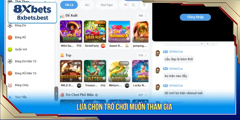 Chọn trò nổ hũ muốn tham gia trên giao diện sảnh 8XBET 